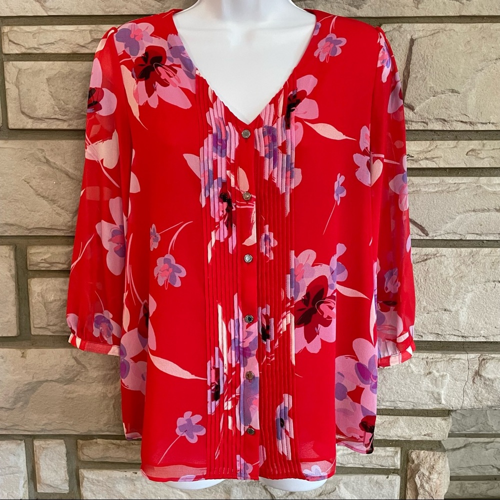 NWT Calvin Klein Red Floral Print 3/4 Sleeve Button Front Blouse Top Size XS